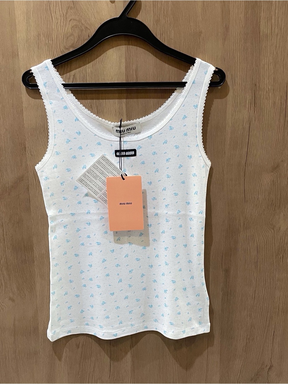 Miu Miu White Tank Top with Light Blue Floral Dots - Picture 3 of 7